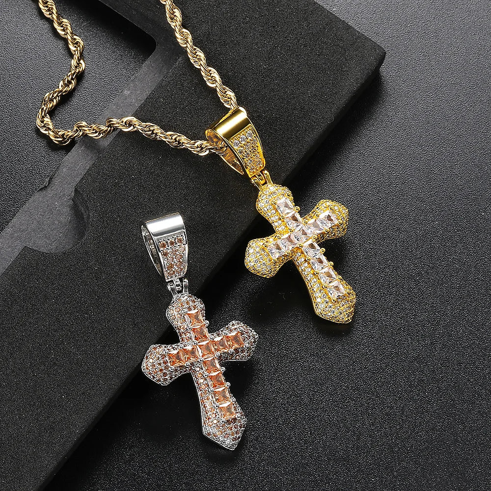 Cross Pendant Rope Chain Necklace Iced Out