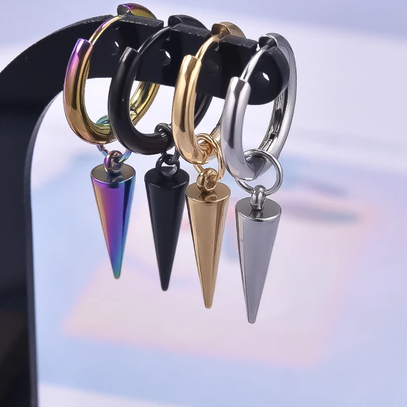 Spike Cone Drop Huggie Hoop Earrings for Men — Stainless Steel