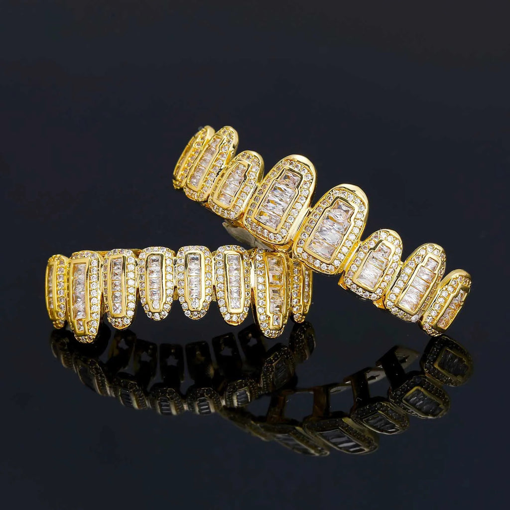 Iced Out Grillz Teeth Set Top & Bottom Hip Hop Pave Baguette CZ Dental Grills Gold Silver Color Party Cosplay Jewelry