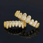 Iced Out Grillz Teeth Set Top & Bottom Hip Hop Pave Baguette CZ Dental Grills Gold Silver Color Party Cosplay Jewelry