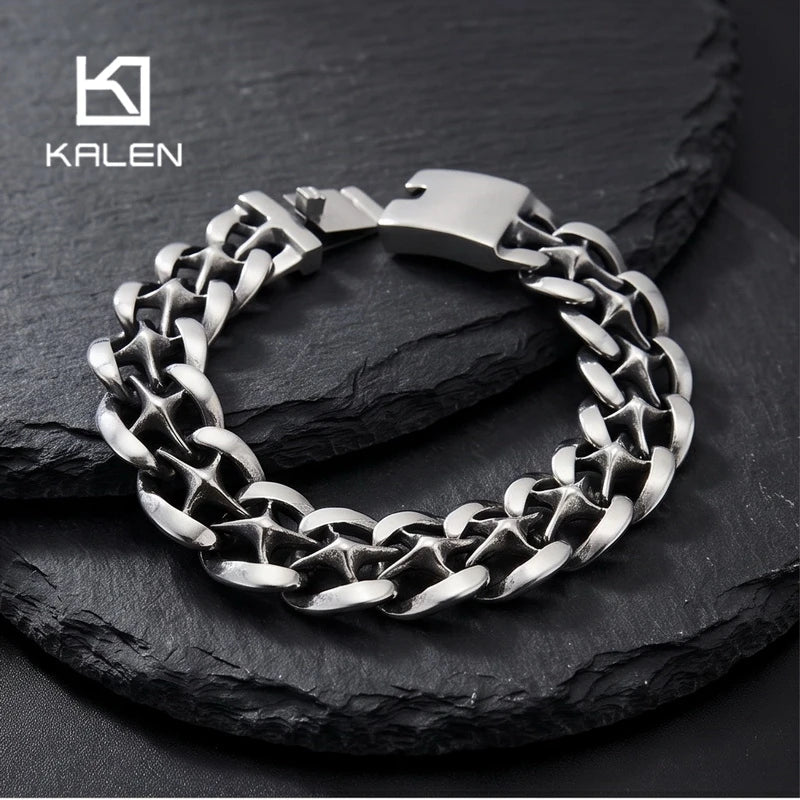 Kalen Heavy Hollow Star Cuban Chain Bracelet for Men 19mm Stainless Steel Wide Jewelry Thick Wristband Punk Fashion
