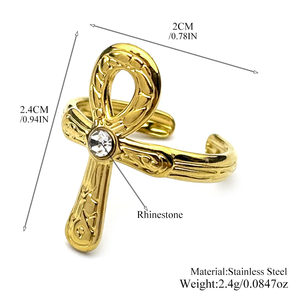 Egyptian Ankh Cross Key Of Life Adjustable Open Rings for Women Men Stainless Steel Rune Finger Ring Rhinestone Amulet