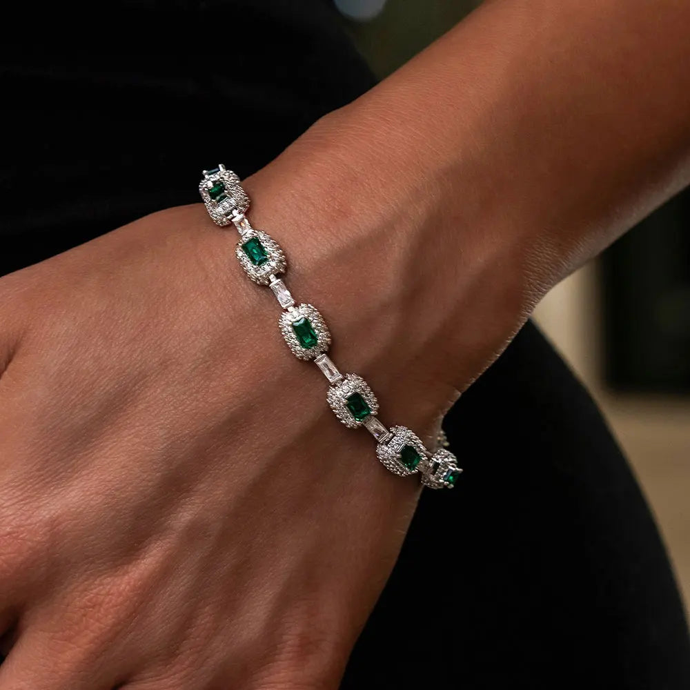 Gold Baguette Bracelet Iced Out Emerald Cushion