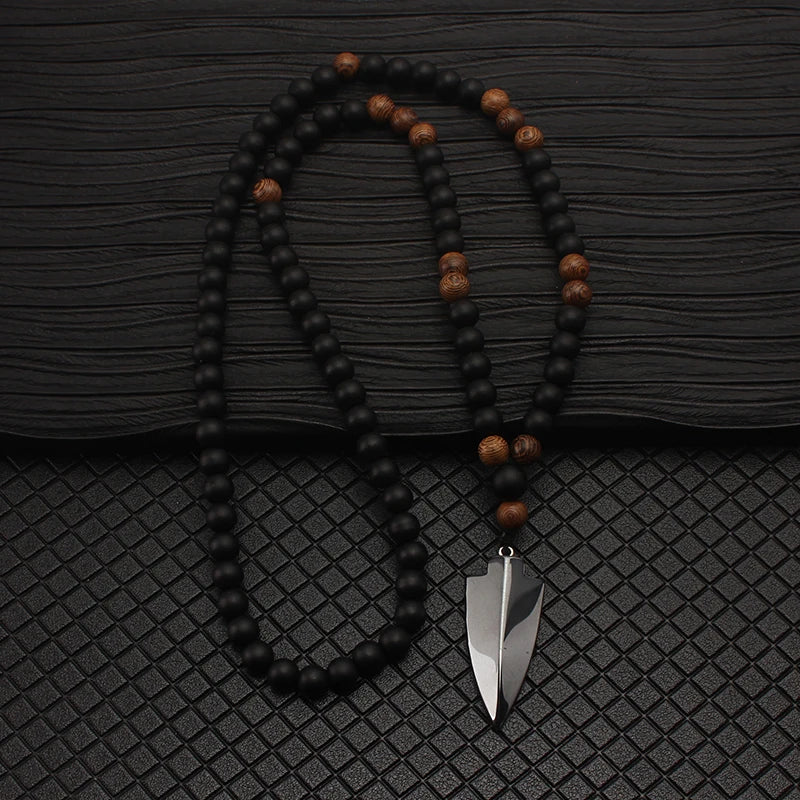 Wood Bead Arrow Pendant Necklace 8mm for Men — Black-Tone