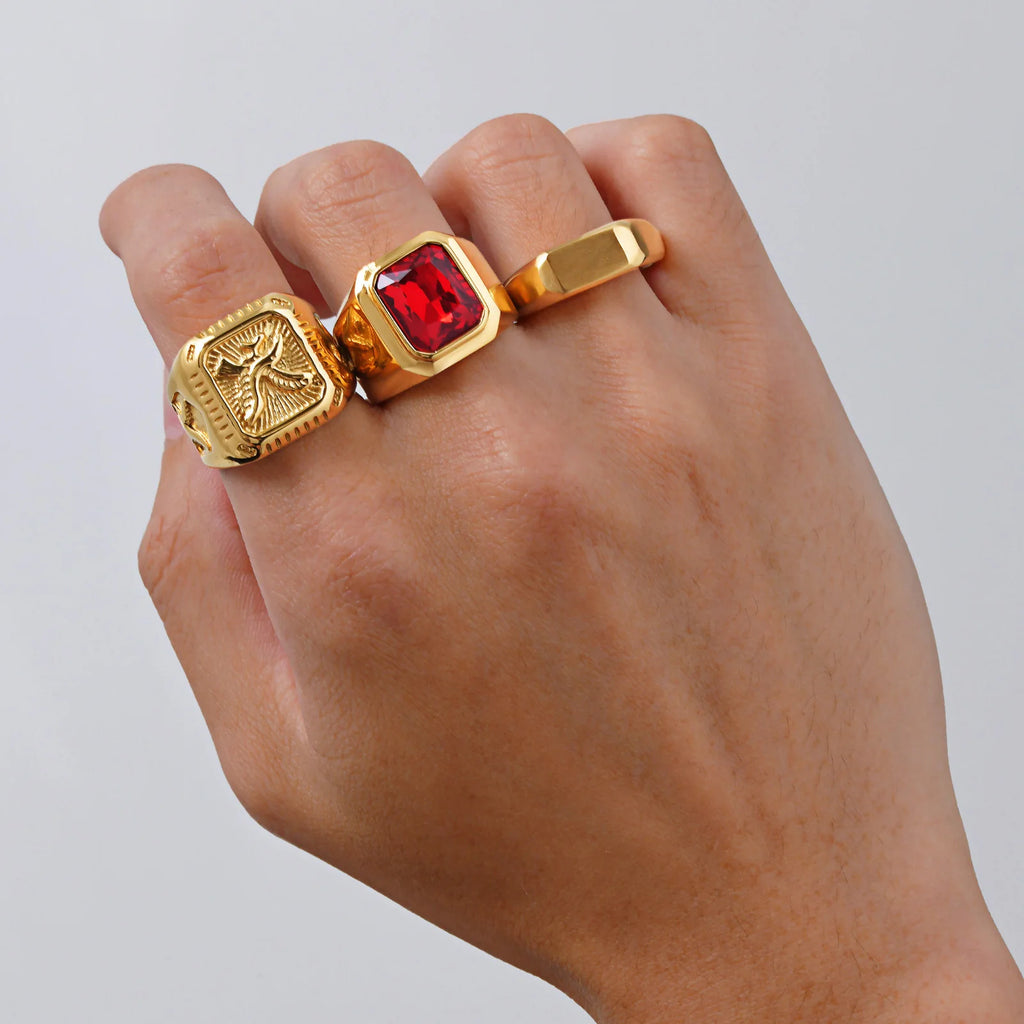 Gold Red Stone Signet Ring — Stainless Steel
