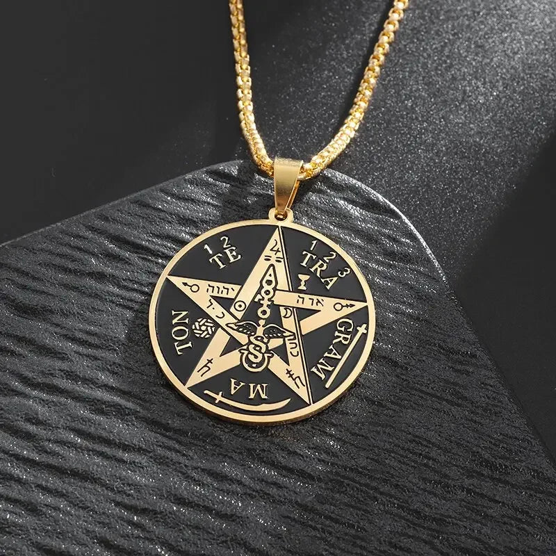 Stainless Steel Solomon Religious Seven Archangels Compass Pendant Necklace Men's Retro Lucky Amulet Jewelry