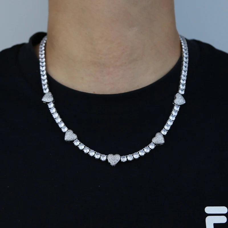 2025 New Iced Out Bling Heart Pendant Necklace Silver Color AAA Zircon 5mm Tennis Chain Charm Women Men Hip Hop Fashion