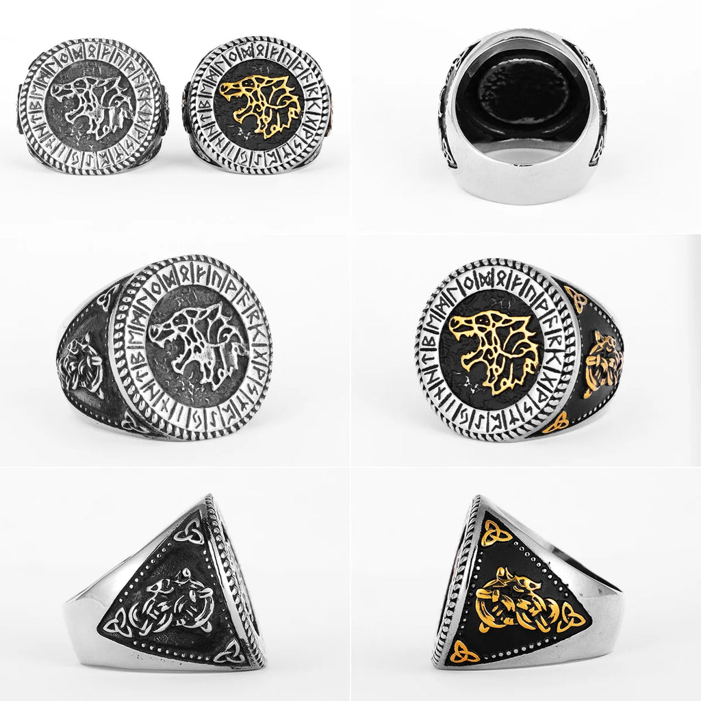 Viking Runes Wolf Ursa Bear Stainless Steel Womens Mens Rings Punk Vintage For Boyfriend Biker Jewelry Creativity Gift Wholesale