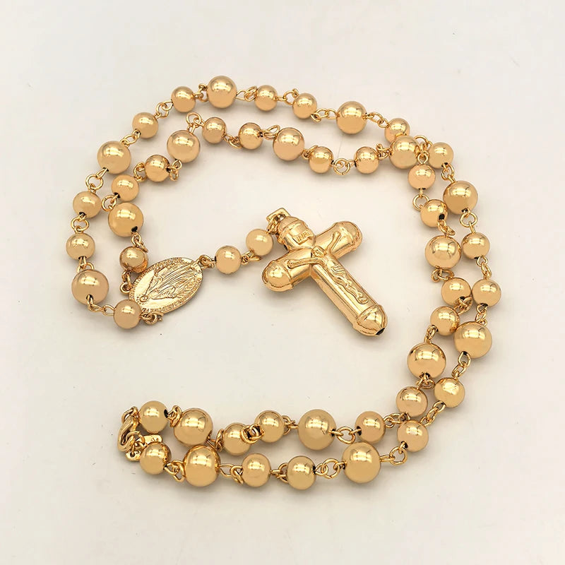 Rosary Cross Pendant Necklace Long Link Chain 90cm — Gold-Tone