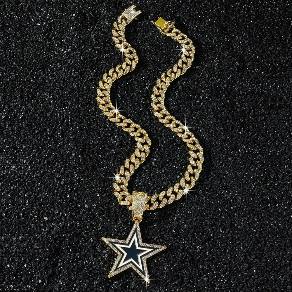 Men Women Hip Hop Five-Pointed Star Pendant Necklace,with Cuban Chain Punk Star Necklaces Fashion Jewelry,Sports Fan Gift Idea