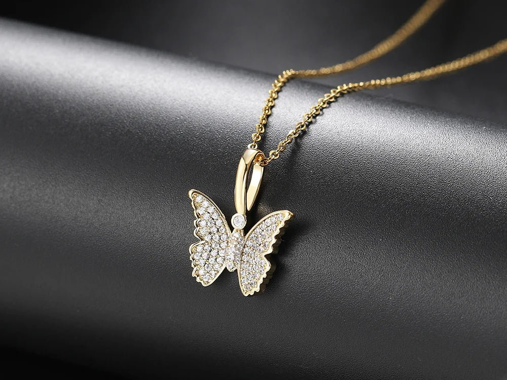 Iced Out Butterfly Pendant Necklace Stainless Steel