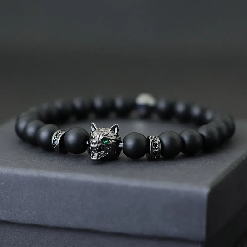 Noter Hiphop Men Bracelet Beaded 8mm Onyx Stone Braclet Wolf Lion Animal Braslet Punk Jewelry Pirate Skull Brazalete