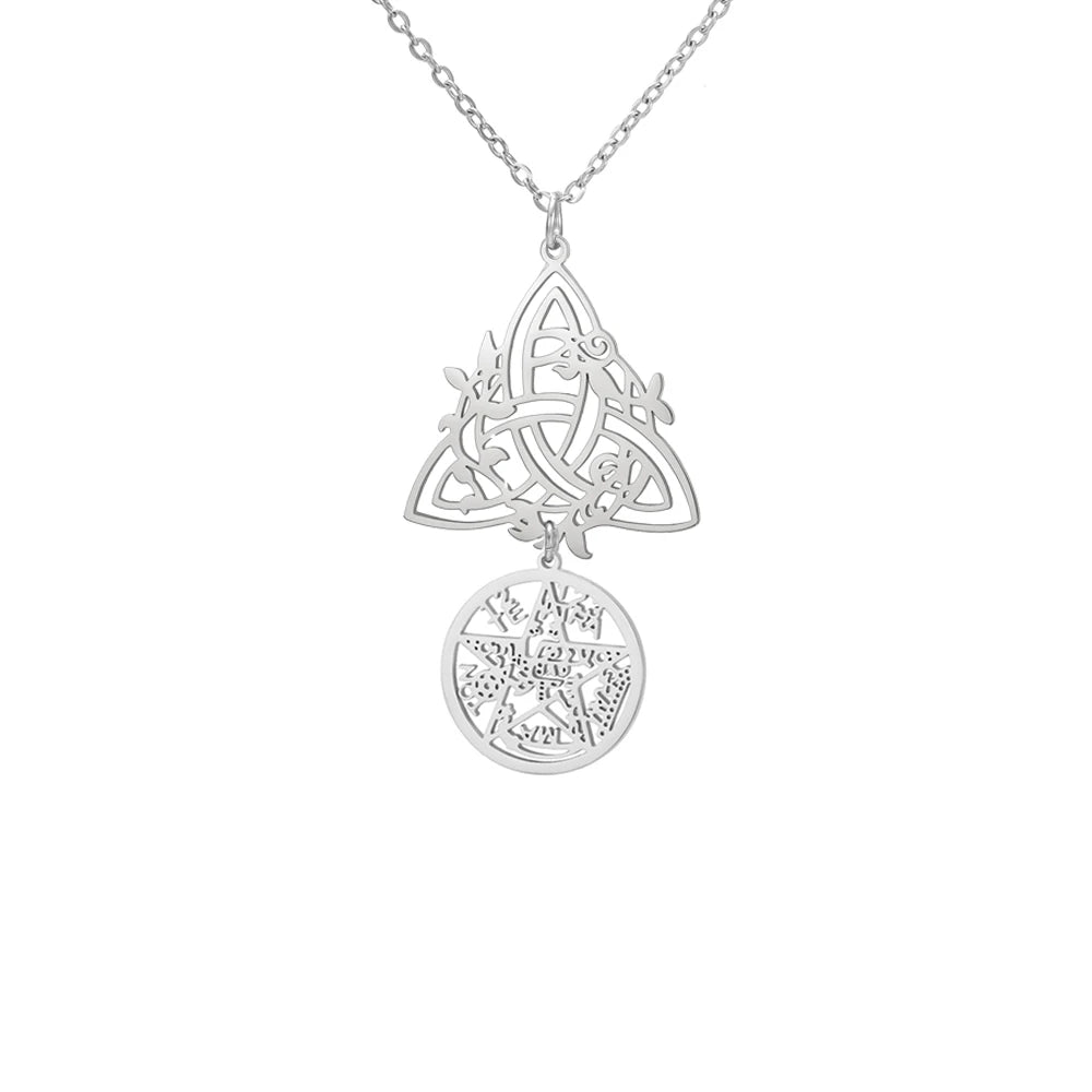Double Amulet Protection Necklace Witch Knot Pentagram Tetragrammaton Stainless Steel Protection Jewerly Wholesale
