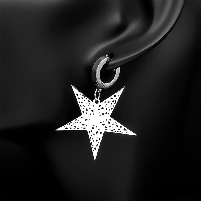 Gothic Star Silver Earrings Pentagram Hollow Hoop