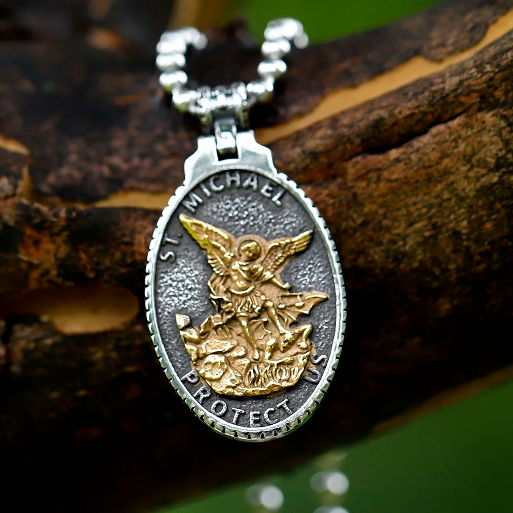 NEW Men's 316L stainless-steel Patron Saint Of Time Travelers Archangel Michael round Pendant Chain Necklace jewelry