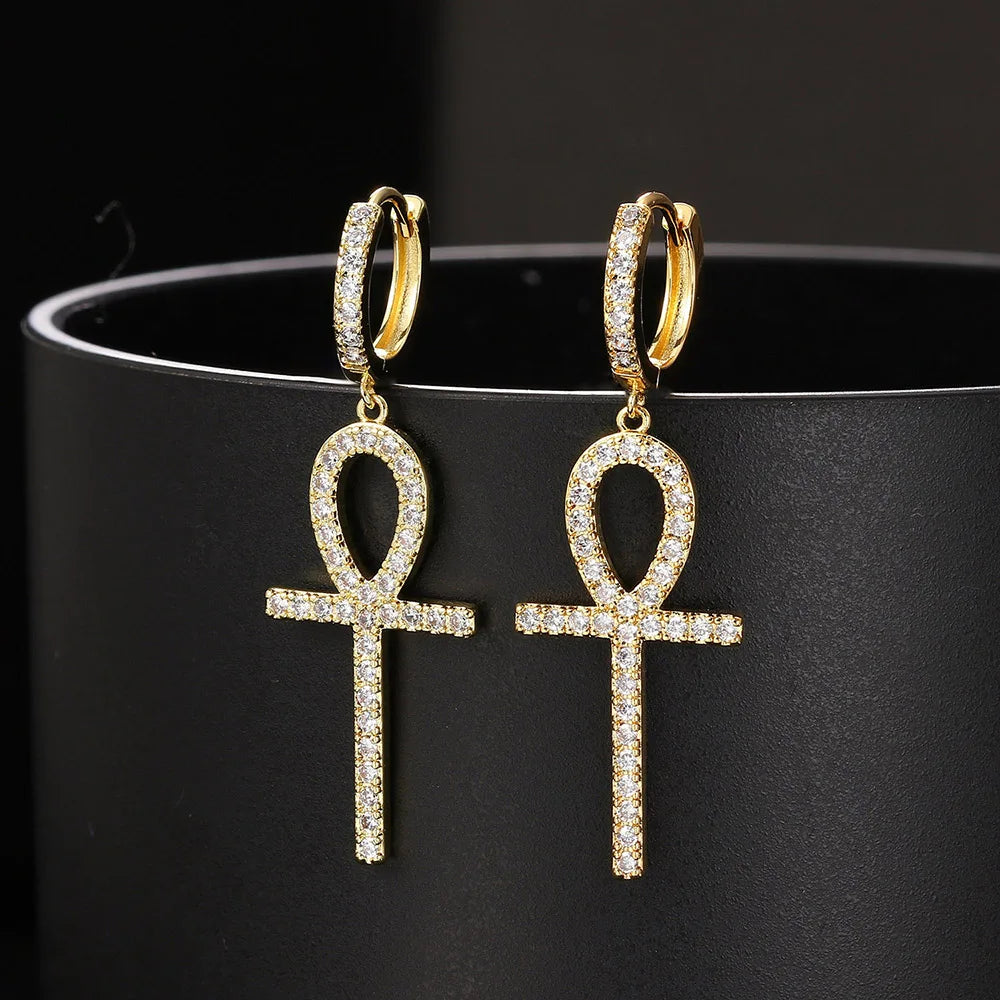 Iced Out Ankh Dangle Hoop Earrings CZ