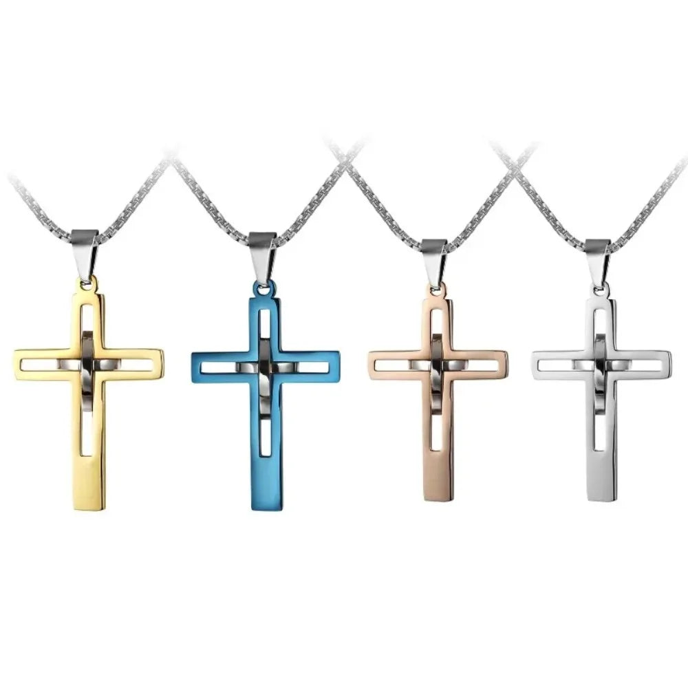Fashion Double Cross Pendant Jesus Necklace for Men Boy Stainless Steel 24Inch Chain Link Necklaces Male Religious