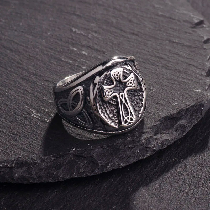 Valily Men's Celtic Knot Ring Stainless Steel Punk Silver Cross Jewelry