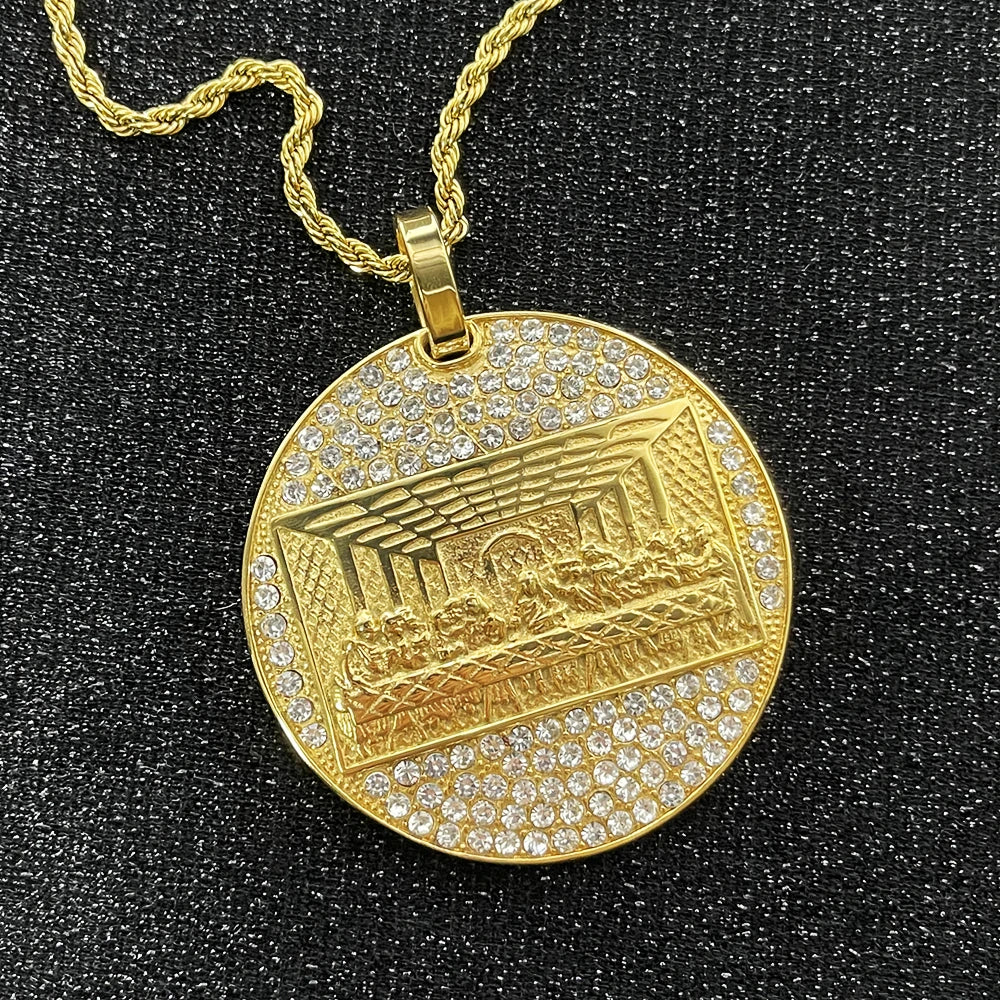 Last Supper Pendant Necklace — Big Jesus Rhinestone, Gold-Tone