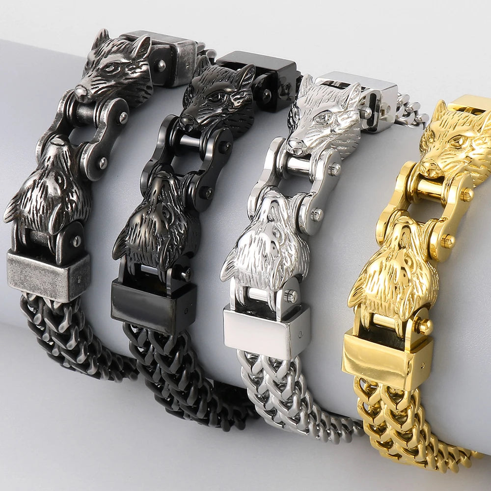 Men's Double Wolf Head Bracelets Stainless Steel Viking Jewelry Punk Rock Bicycle Chain Man Bracelet for Men 8.46" Male