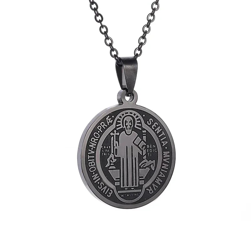 Saint Benedict Medallion Stainless Steel Pendant Zircon San Benito Collares Necklace Amulet Religious Cross Jesus