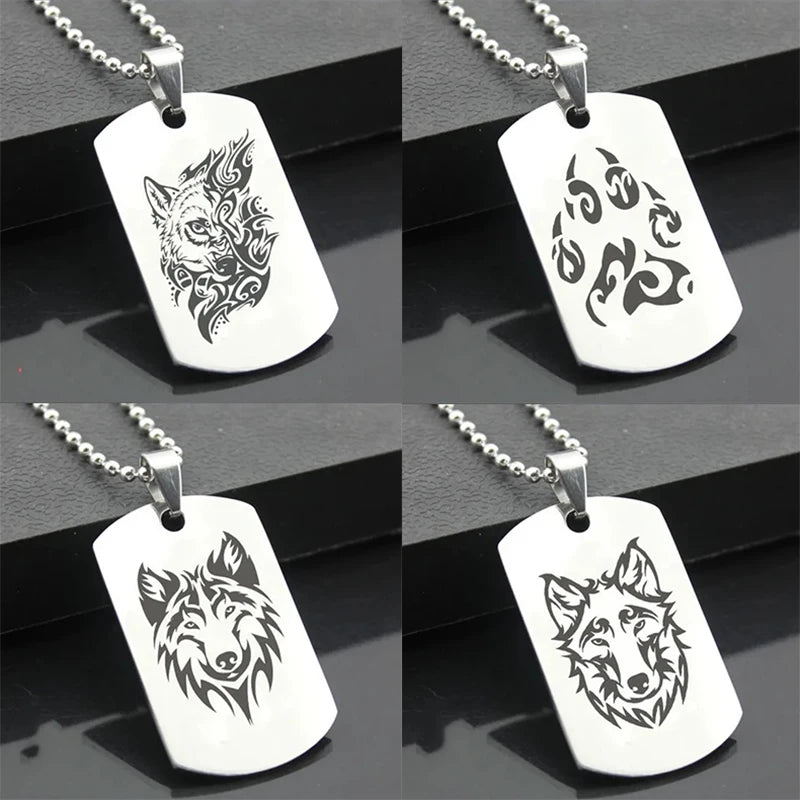 Wolf Dog Tag Pendant Necklace — Stainless Steel