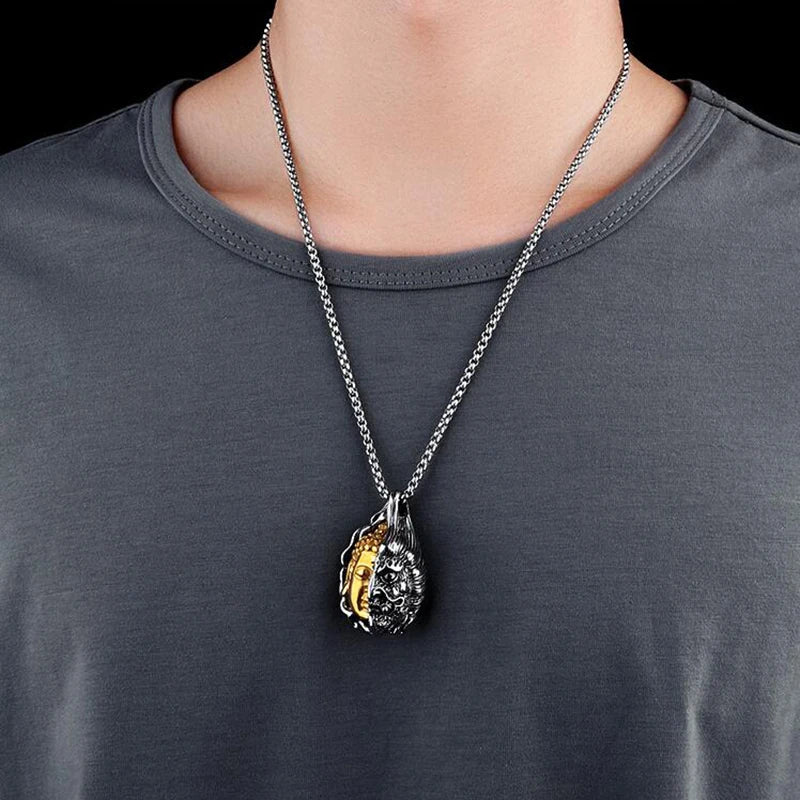 Gothic Buddha Demon Cuban Chain Necklace — Two-Tone, 21in