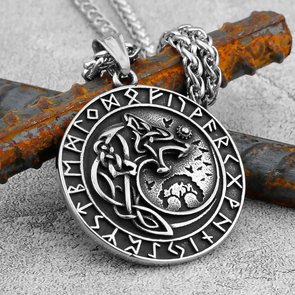 Norse Mythology Viking Wolf Necklaces Men Stainless Steel Viking Runes Vegvisir Amulet Pendant Scandinavian Vintage