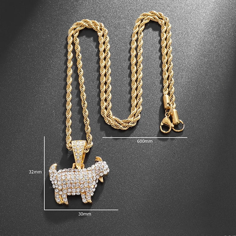 Gold Iced Out Goat Pendant Rope Chain Necklace