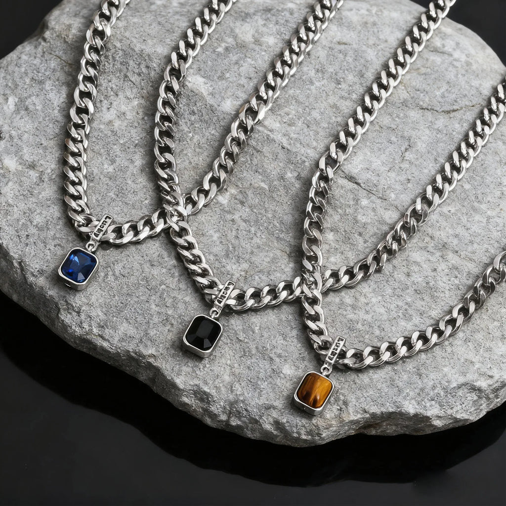 Cuban Stone Square Pendant Necklace — Stainless Steel