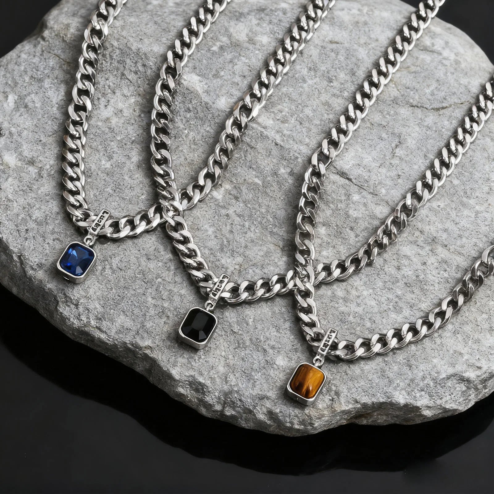 Cuban Stone Square Pendant Necklace — Stainless Steel