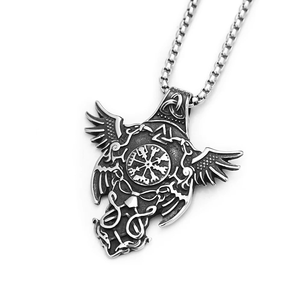 New Vintage Stainless Steel Nordic Odin Crow Pendant Necklace Fashion Viking Compass Necklaces Amulet Jewelry Gifts Dropshipping