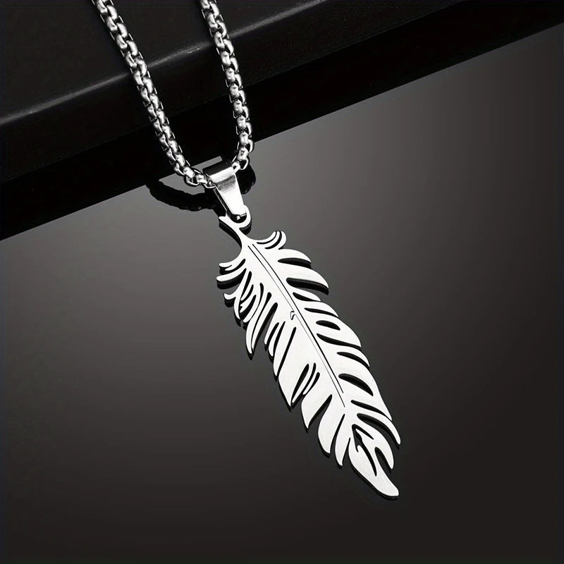 Men's Stainless Steel Feather Pendant Necklace Trendy Fashion Hip Hop Punk Jewelry Accessories Gift For Best Friend