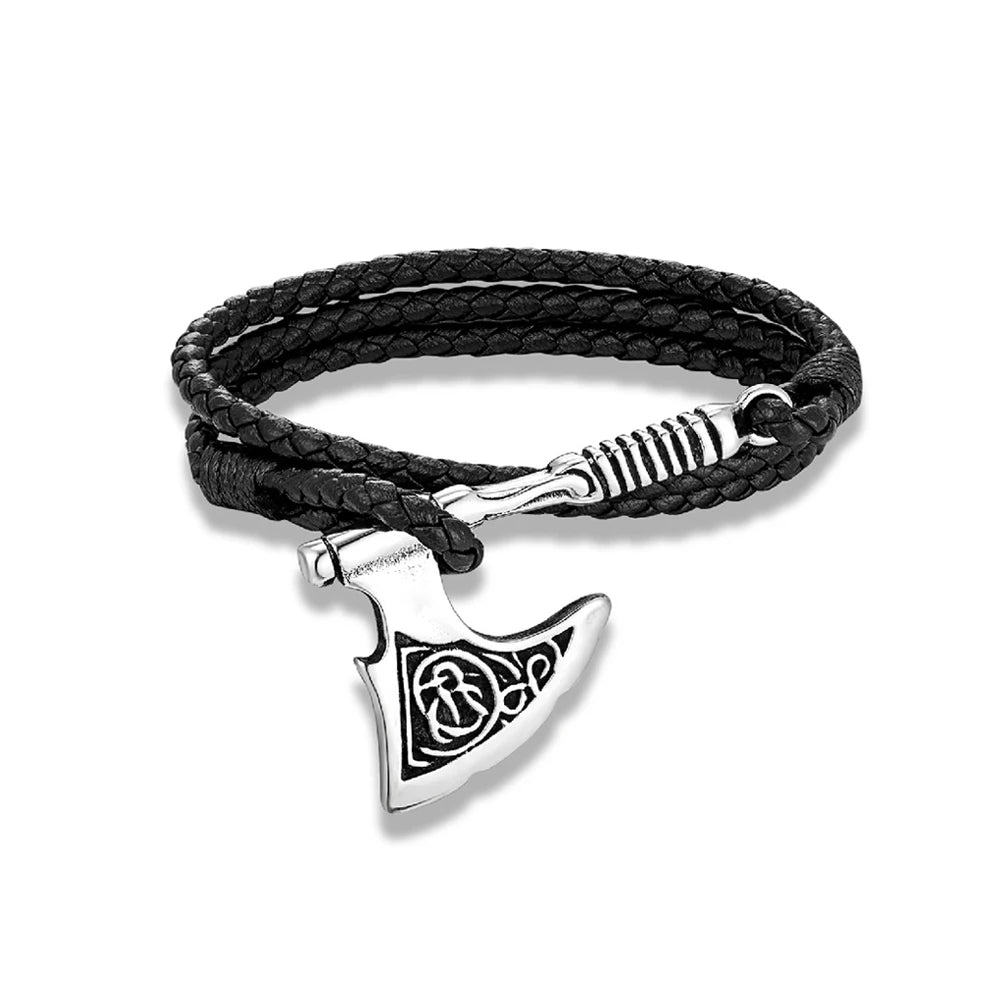 Wolf Viking Steel Bracelet Axe Leather Handmade