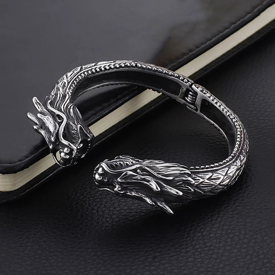 New Vintage Double Dragon Head Bracelets For Men Punk Hip Hop Biker 316L Stainless Steel Vikings Animal Bracelet Amulet