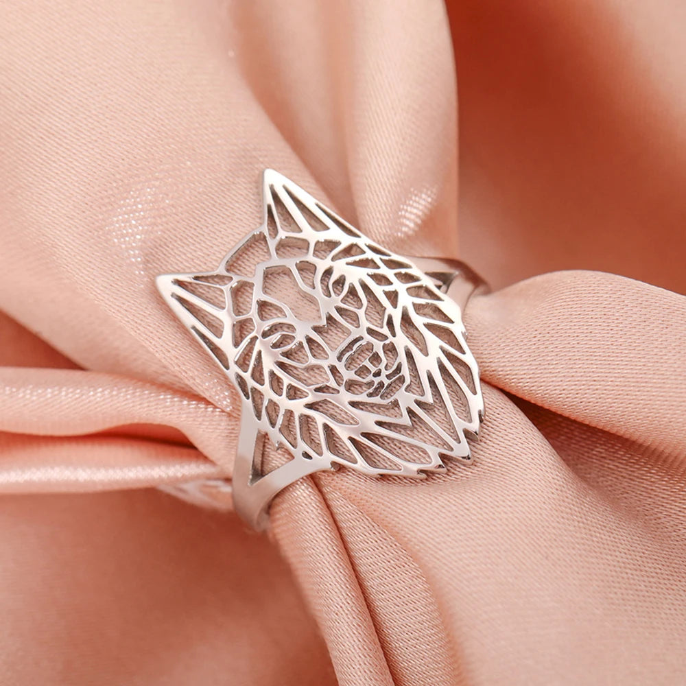 Hollow Geometric Animal Head Adjustable Ring — Stainless Steel