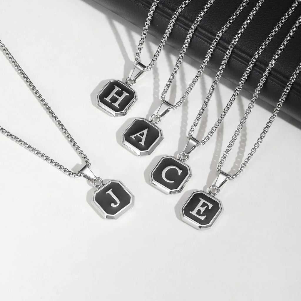 Initial Square Pendant Necklace — Stainless Steel