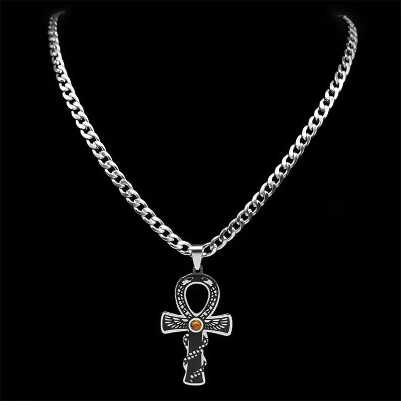 Cross Ankh Silver Pendant Retro Tiger Eye Stone