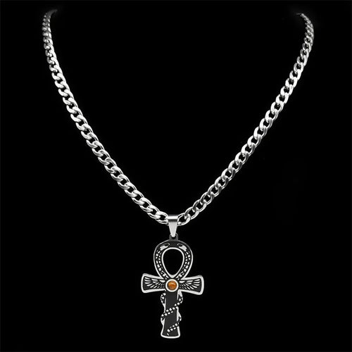 Cross Ankh Silver Pendant Retro Tiger Eye Stone