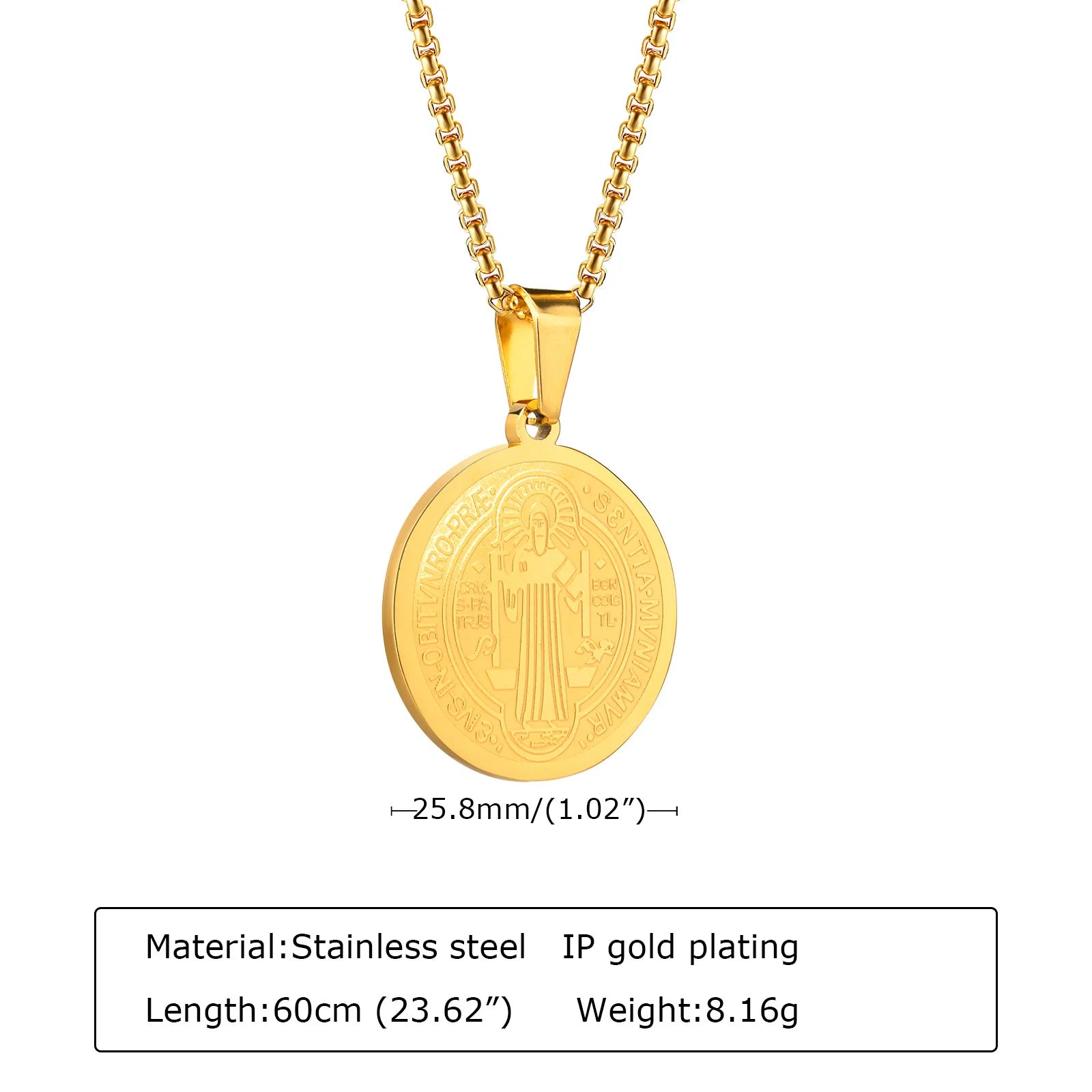 Vnox Men Saint Benedict Medal Necklace, Gold Color Stainless Steel Christian Sacramental Catholic Jewelry Gift,with Box