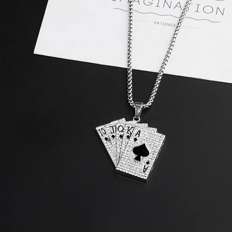 Iced Out Ace Playing Card Pendant Necklace — Stainless Steel