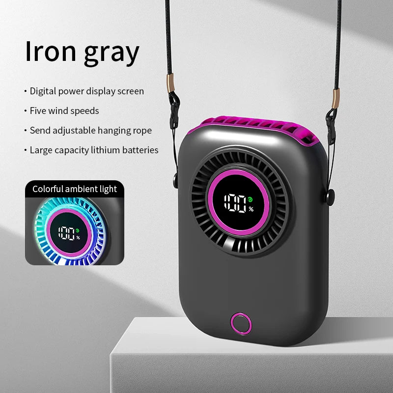 Colorful Hanging Neck Fan Portable Hanging Neck Fan Intelligent Digital Display Colorful Atmosphere Light Five-speed