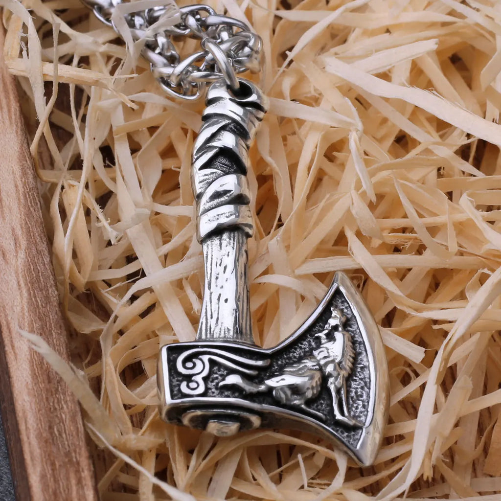 Viking Wolf and Crow Axe Pendant Retro Slavic Odin Amulet Men's Fashion Charm Stainless Steel Pendant Necklace Jewelry