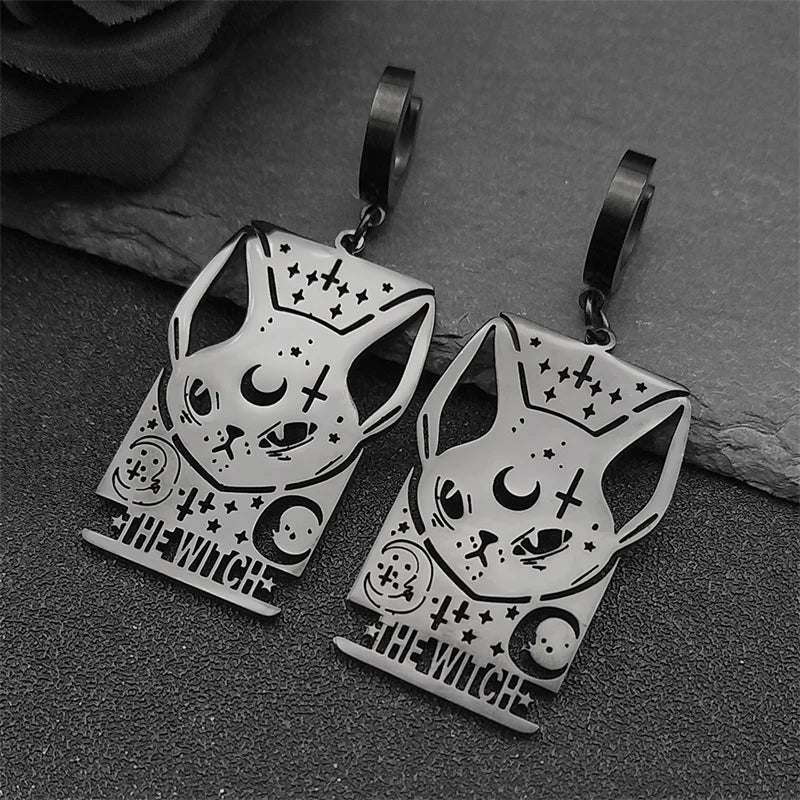Cat Silver Earrings Gothic Witch Moon Long Hoop