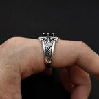 Sword & Rose Black Zircon Open Ring — Silver