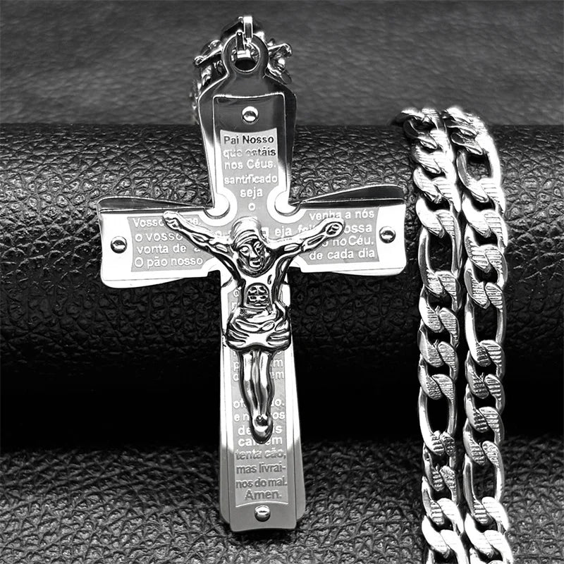 Christian Jesus Cross Crucifix Necklace for Man Women Stainless Steel Gold Color Bible Men's Chain Prayer Baptism Gift