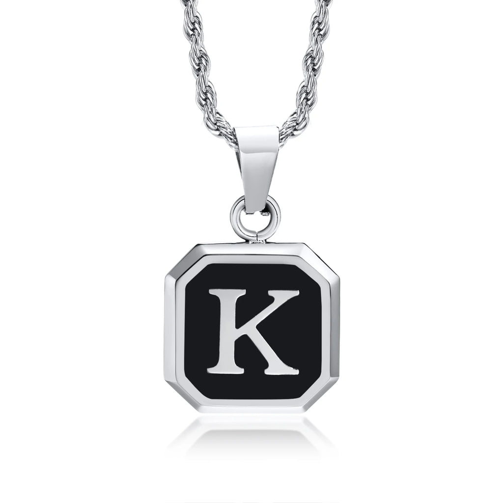 Initials Necklaces for Men Women,A-Z 26 Letters Black Square Stainless Steel Pendant Collar,45-60CM Twisted Rope Chain
