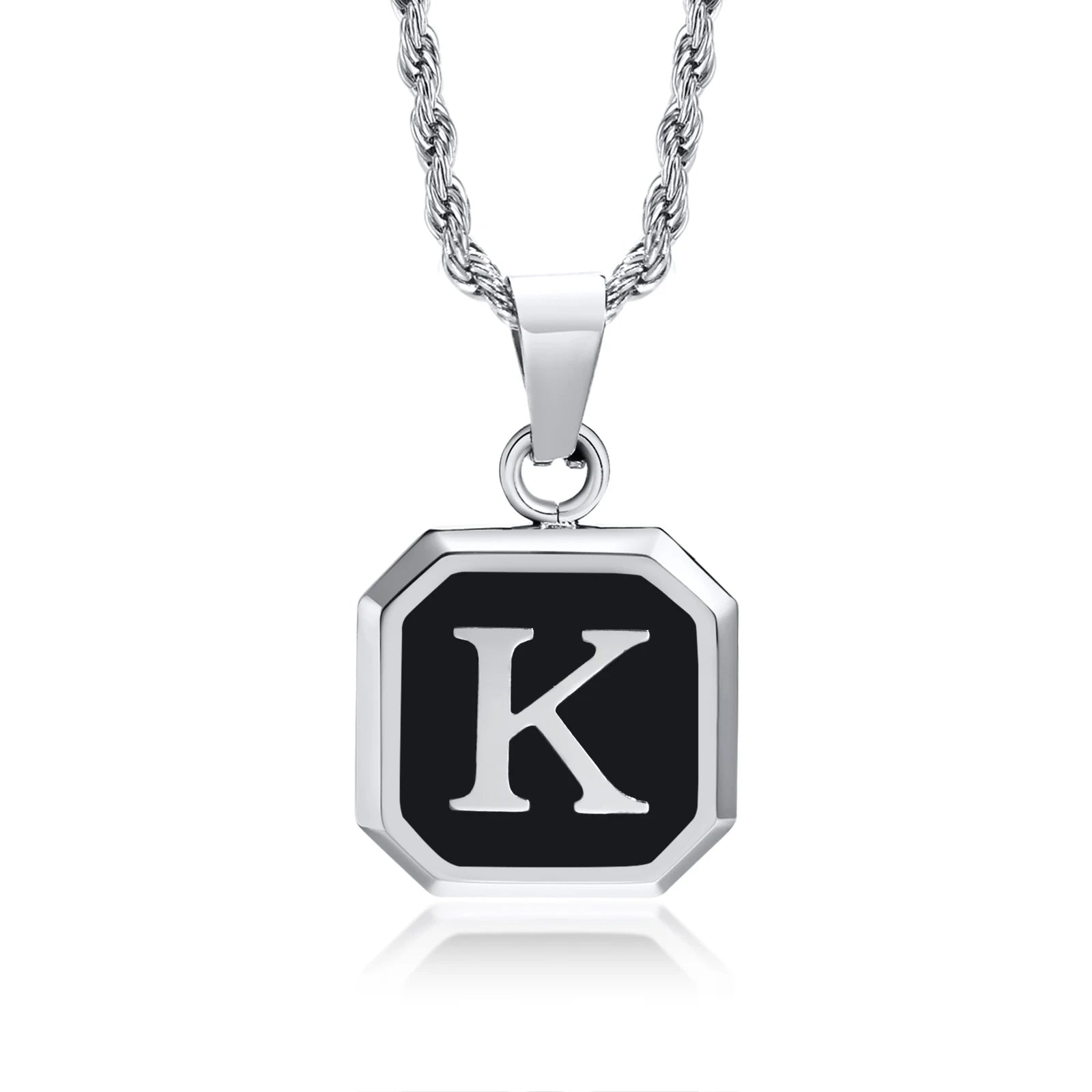 Initials Necklaces for Men Women,A-Z 26 Letters Black Square Stainless Steel Pendant Collar,45-60CM Twisted Rope Chain