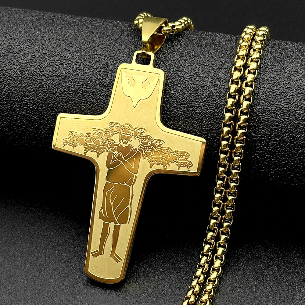 Christ Jesus Good Shepherd Cross Pendant Necklace for Women Men Stainless Steel Gold Color Holy Spirit Dove Chain Faith