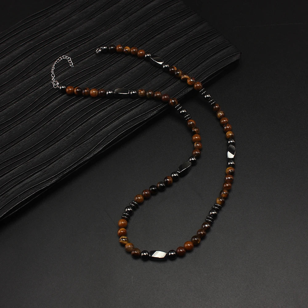 Natural Tiger Eye Hematite Bead Necklace — Zinc Alloy, 6mm